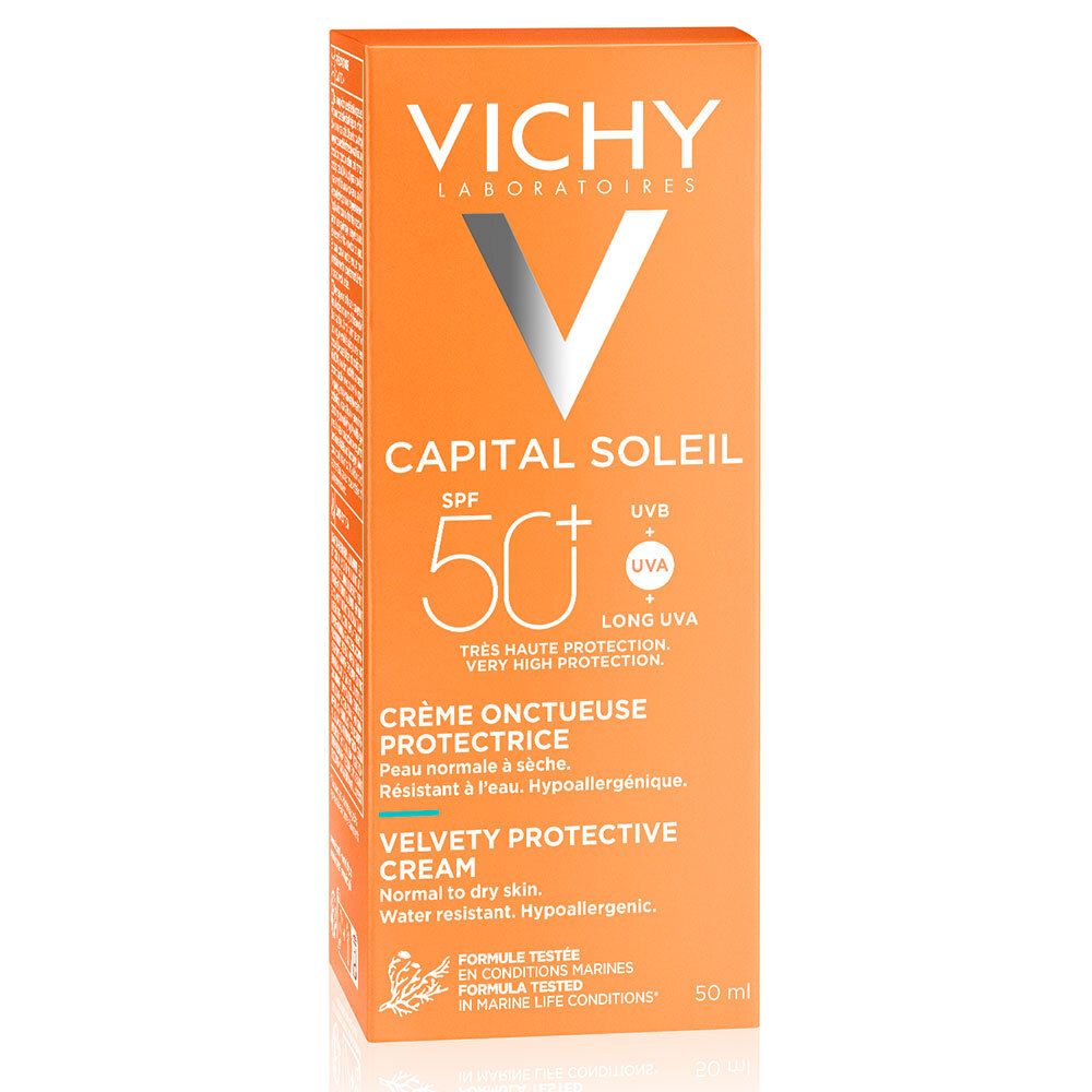 Orangefarbene Verpackung. Vichy Logo und Produktbezeichnung. Text: Capital Soleil, SPF 50+. Creme.