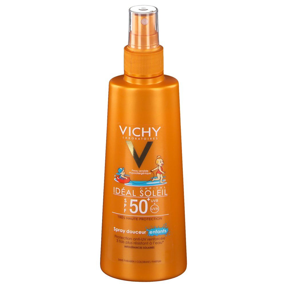 Flacone spray arancione con logo VICHY e nome del prodotto. Scritta: Idéal Soleil 50+ per bambini. Illustrazione di bambini.