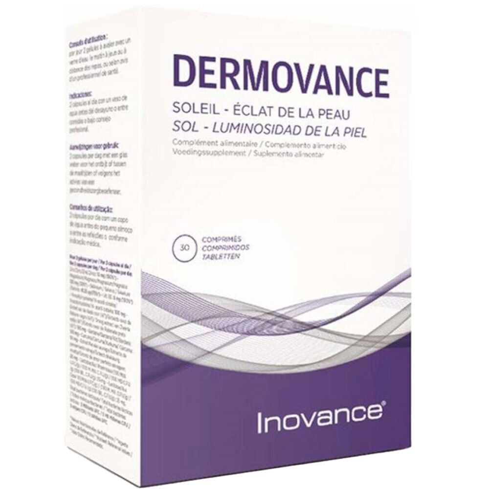 Boîte blanche DERMOVANCE. Texte multilingue. Inovance en bas à droite. 30 comprimés.