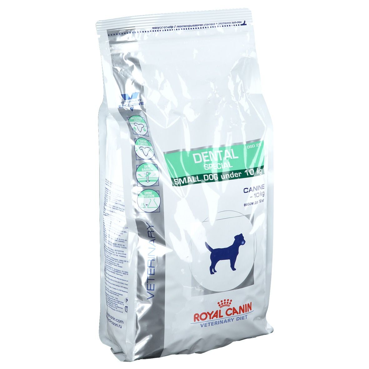 Sac blanc avec étiquette verte. Inscription : DENTAL SPECIAL, SMALL DOG under 10 kg. Logo : chien bleu. Marque : ROYAL CANIN VETERINARY DIET.