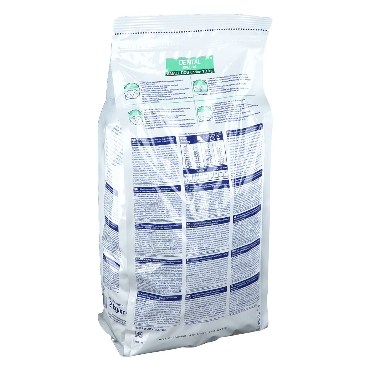 Dos d'un sac blanc. Texte et graphiques. Inscription : DENTAL SPECIAL, SMALL DOG under 10 kg. Marque : ROYAL CANIN. Poids : 2 kg.