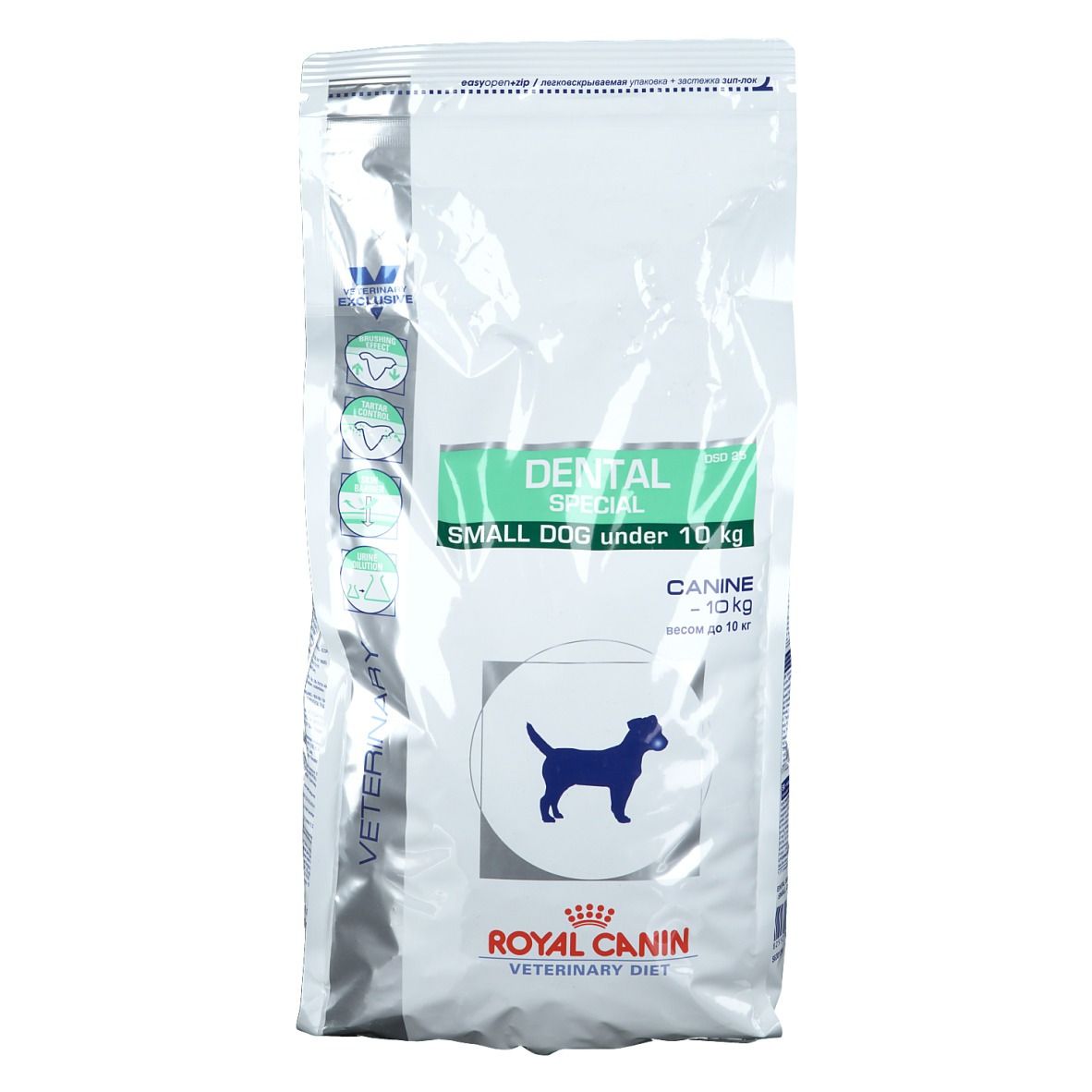 Sac blanc avec étiquette verte. Inscription : DENTAL SPECIAL, SMALL DOG under 10 kg. Logo : chien bleu. Marque : ROYAL CANIN VETERINARY DIET.