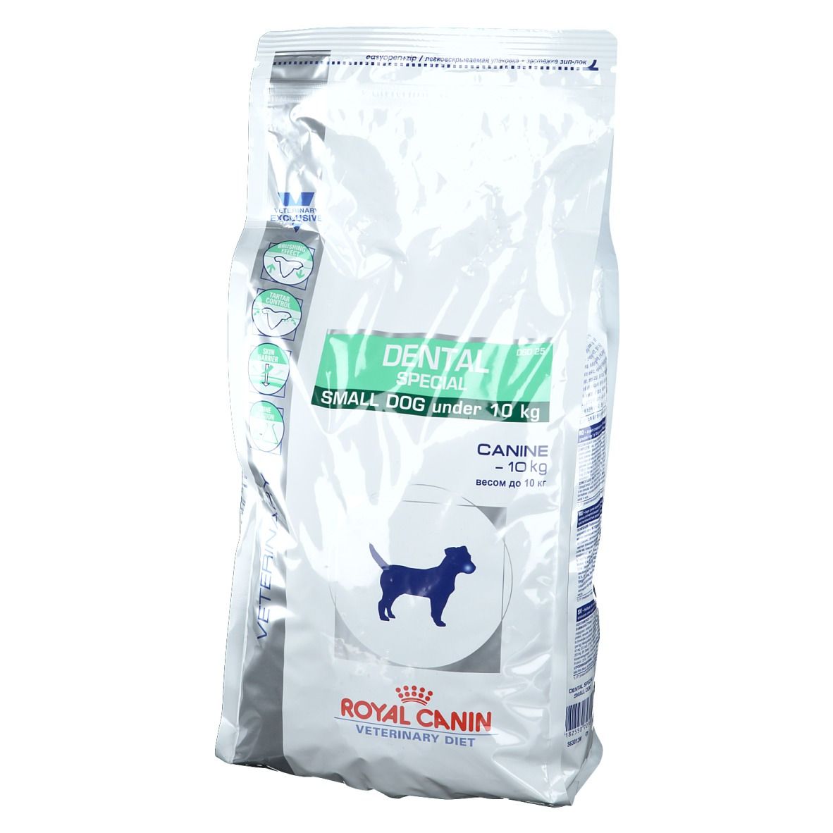 Sac blanc avec étiquette verte. Inscription : DENTAL SPECIAL, SMALL DOG under 10 kg. Logo : chien bleu. Marque : ROYAL CANIN VETERINARY DIET.