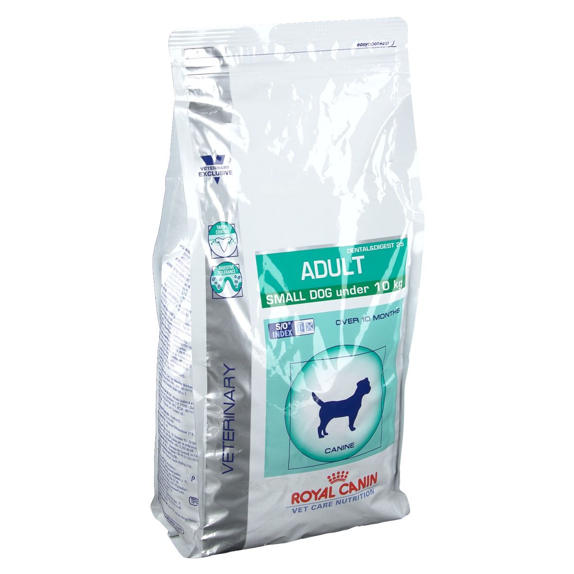 Hundefutterbeutel mit Aufschrift "ADULT SMALL DOG". Marke Royal Canin. Grün-weiße Verpackung. Hundesilhouette.