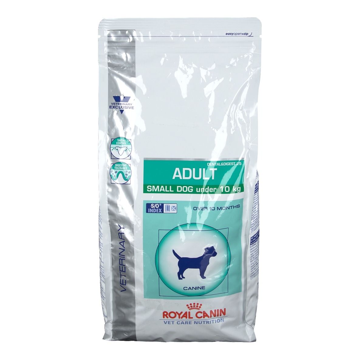 Hundefutterbeutel mit Aufschrift "ADULT SMALL DOG". Marke Royal Canin. Grün-weiße Verpackung. Hundesilhouette.