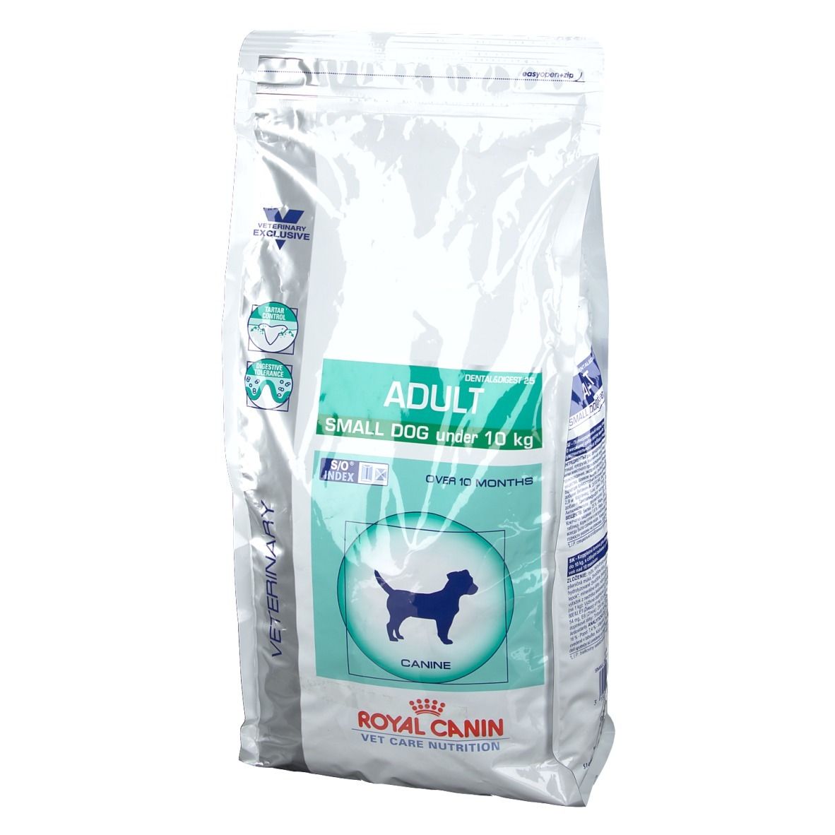 Hundefutterbeutel mit Aufschrift "ADULT SMALL DOG". Marke Royal Canin. Grün-weiße Verpackung. Hundesilhouette.