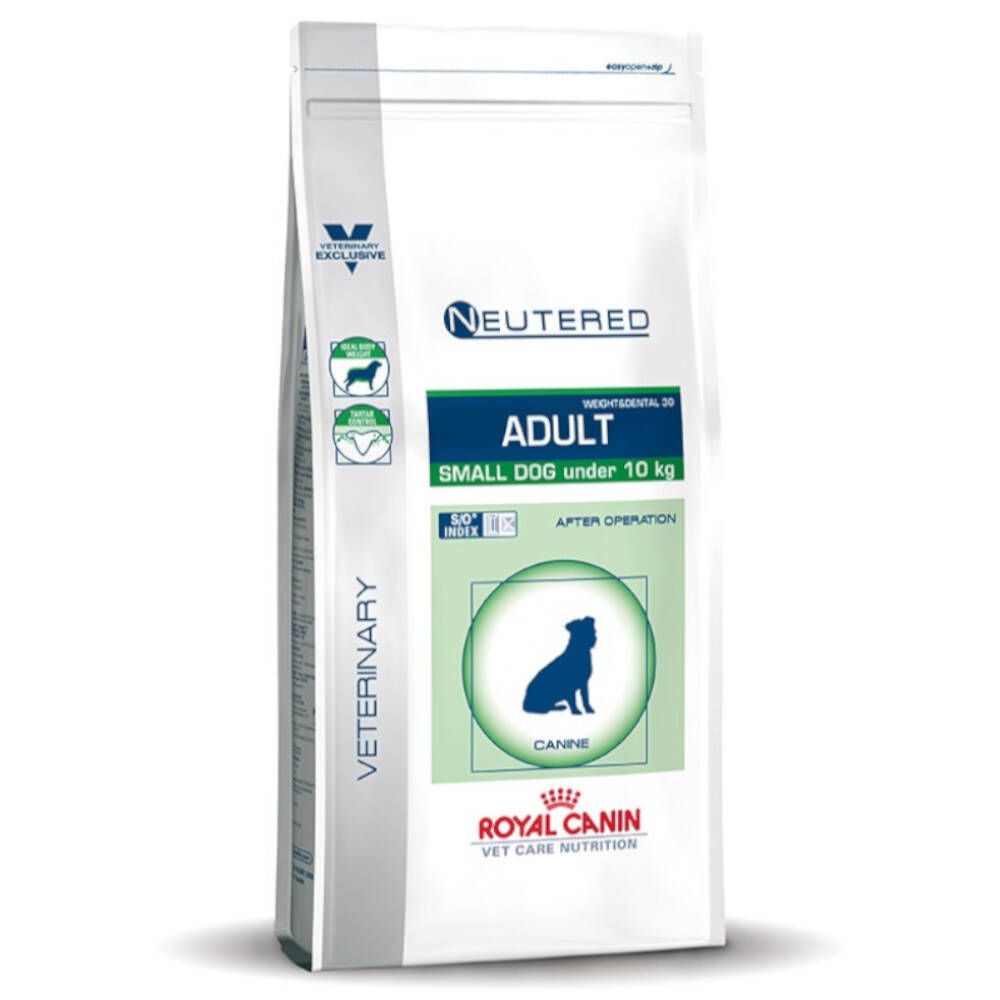 Zak ROYAL CANIN Veterinary Neutered Adult Small Dogs. Tekst: Neutered, Adult, Small Dog under 10 kg. Logo.