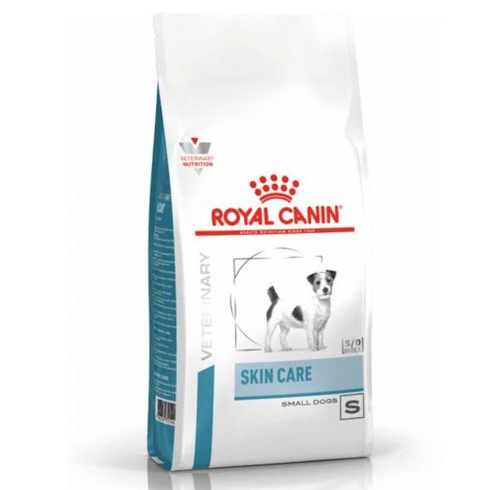 Sac Royal Canin Skin Care Small Dogs. Blanc, bleu et rouge. Logo et nom du produit. Image d'un chien.