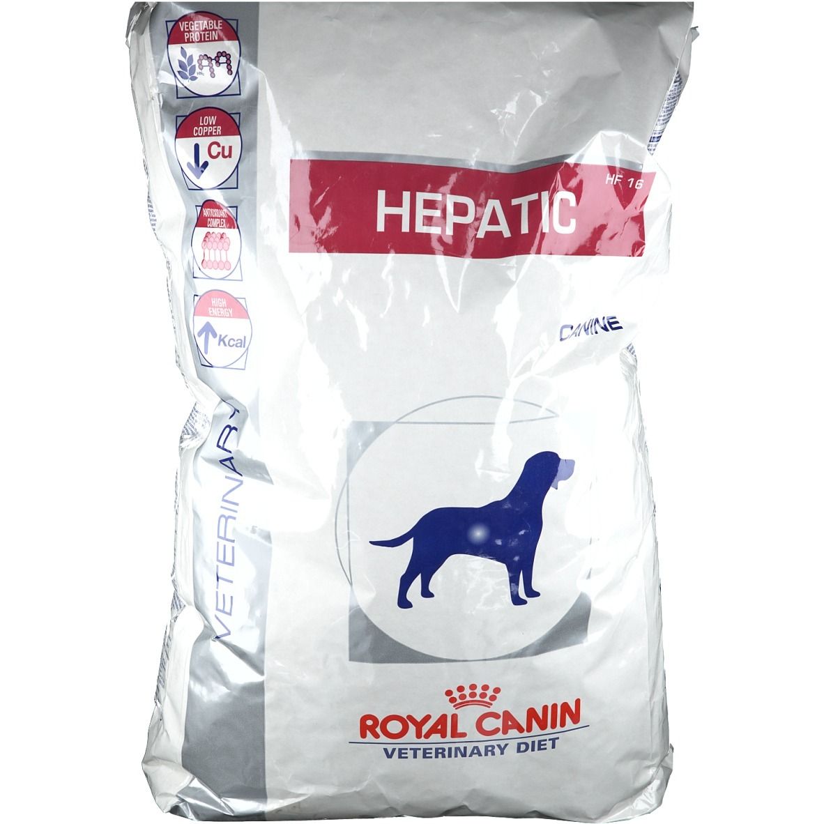 Beutel ROYAL CANIN HEPATIC Canine. Weiß, mit rotem Streifen und Produktinformationen. Logo mit Hund und Schriftzug.