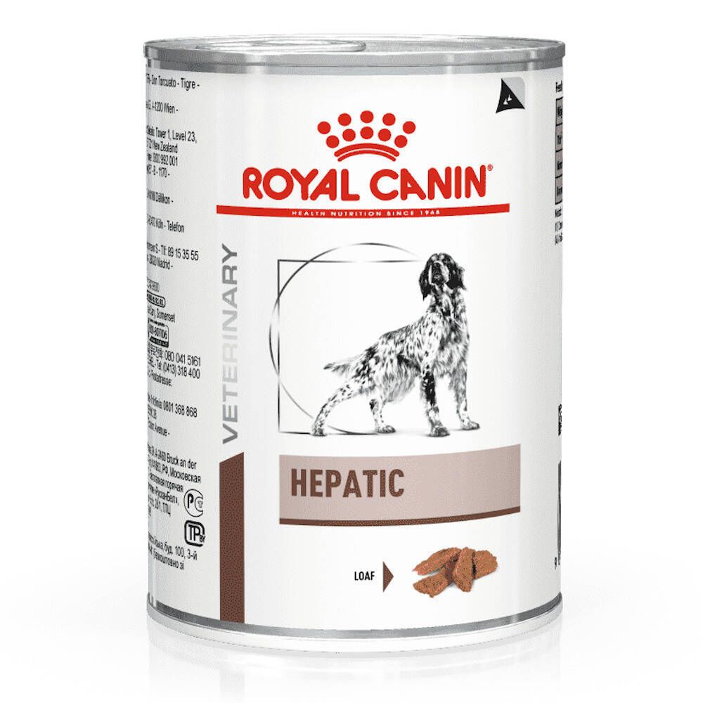 Boîte de nourriture pour chien Royal Canin Hepatic. Logo et texte. Image d'un chien et de morceaux de nourriture.