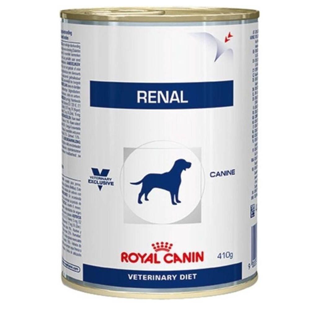 Boîte Royal Canin Renal pour chiens. Étiquette bleue, texte: Renal, Canine, Veterinary Diet. 410g.