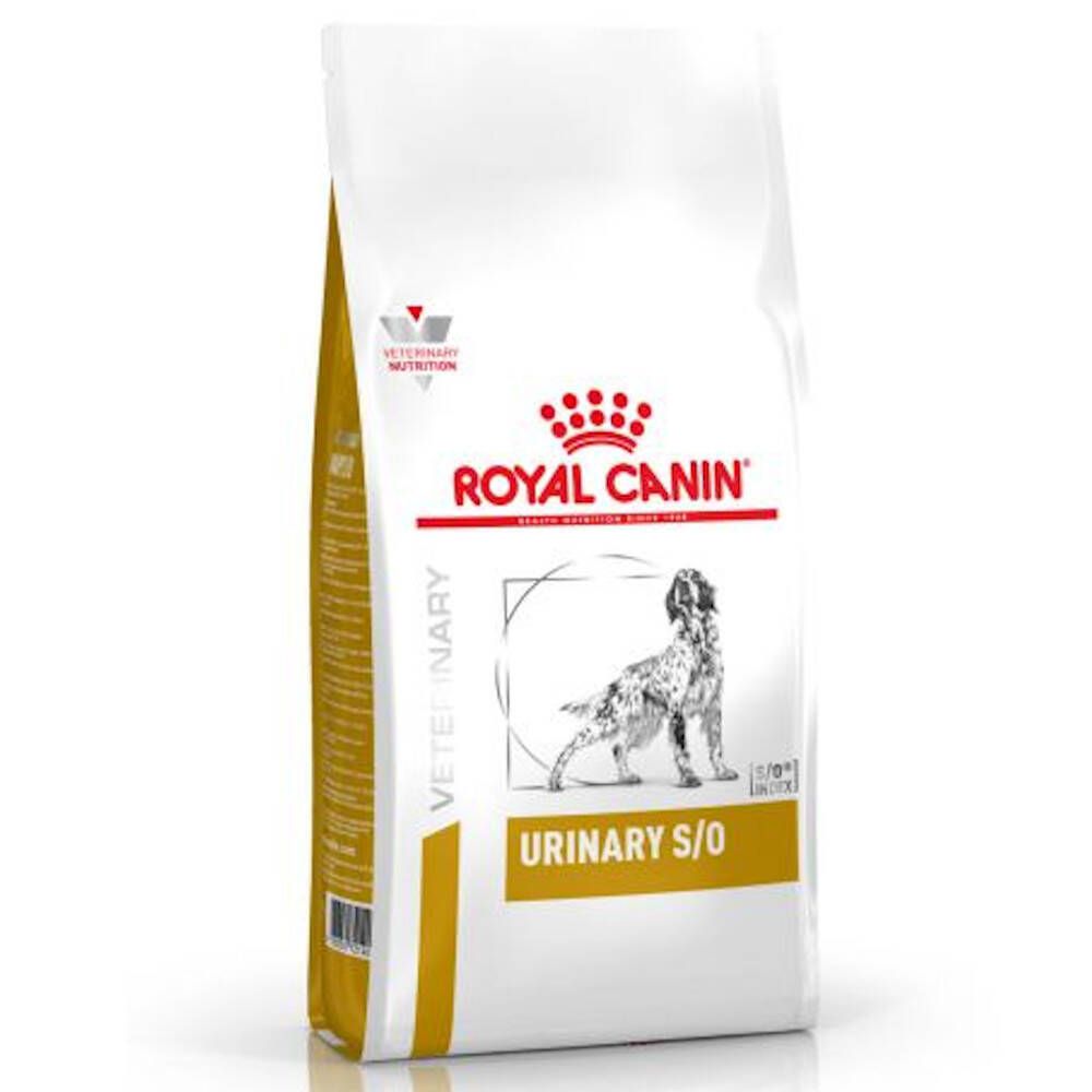 Sac blanc avec impression. ROYAL CANIN, Urinary S/O. Image d'un chien. Accents dorés.