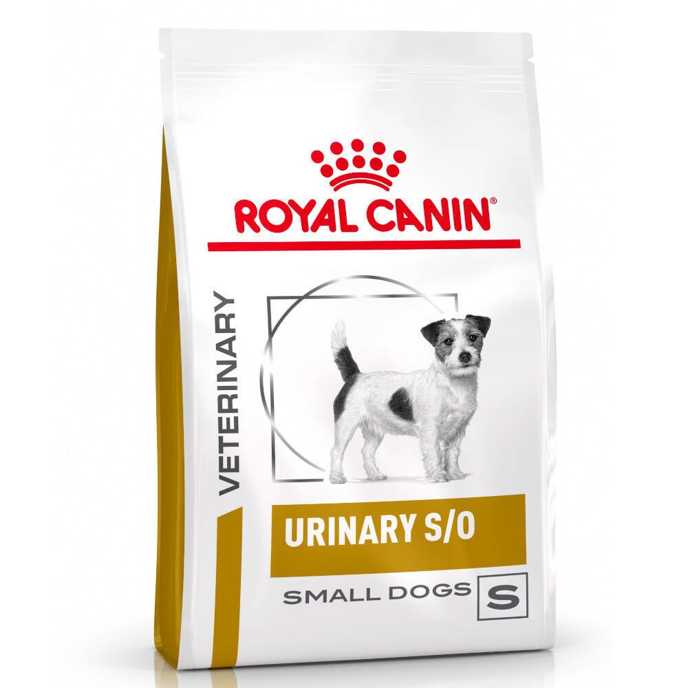 Sac blanc et doré Royal Canin. Illustration chien. Inscription: Urinary S/O, Small Dogs. Logo vétérinaire.