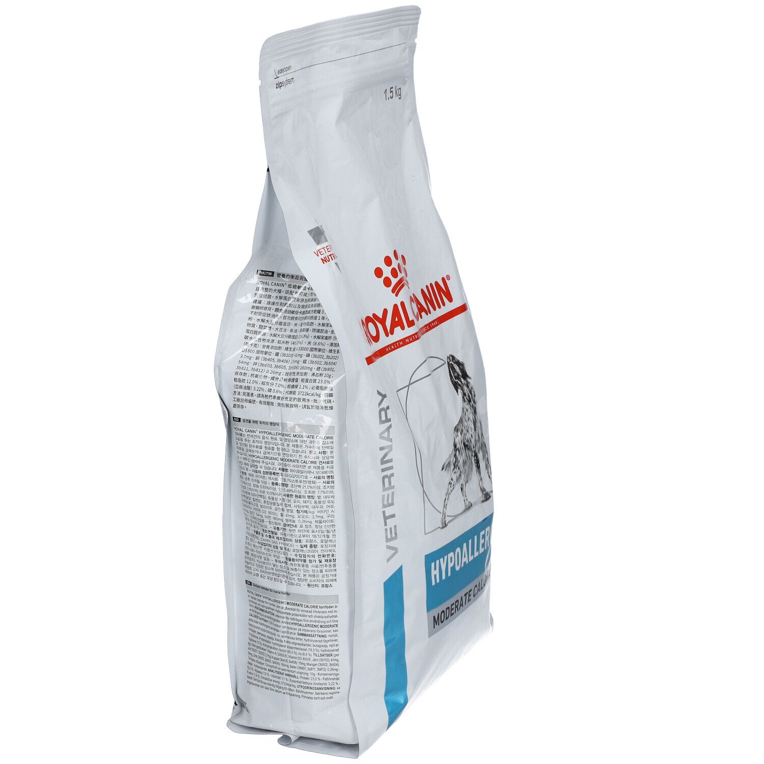 Sac blanc Royal Canin. Texte: Hypoallergenic Moderate Energy. Contient 1,5 kg. Vue de côté.