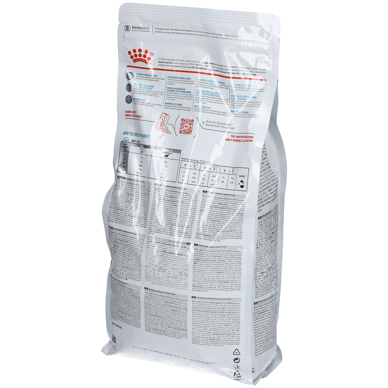 Dos du sac Royal Canin. Informations et recommandations d'alimentation. Fond blanc.