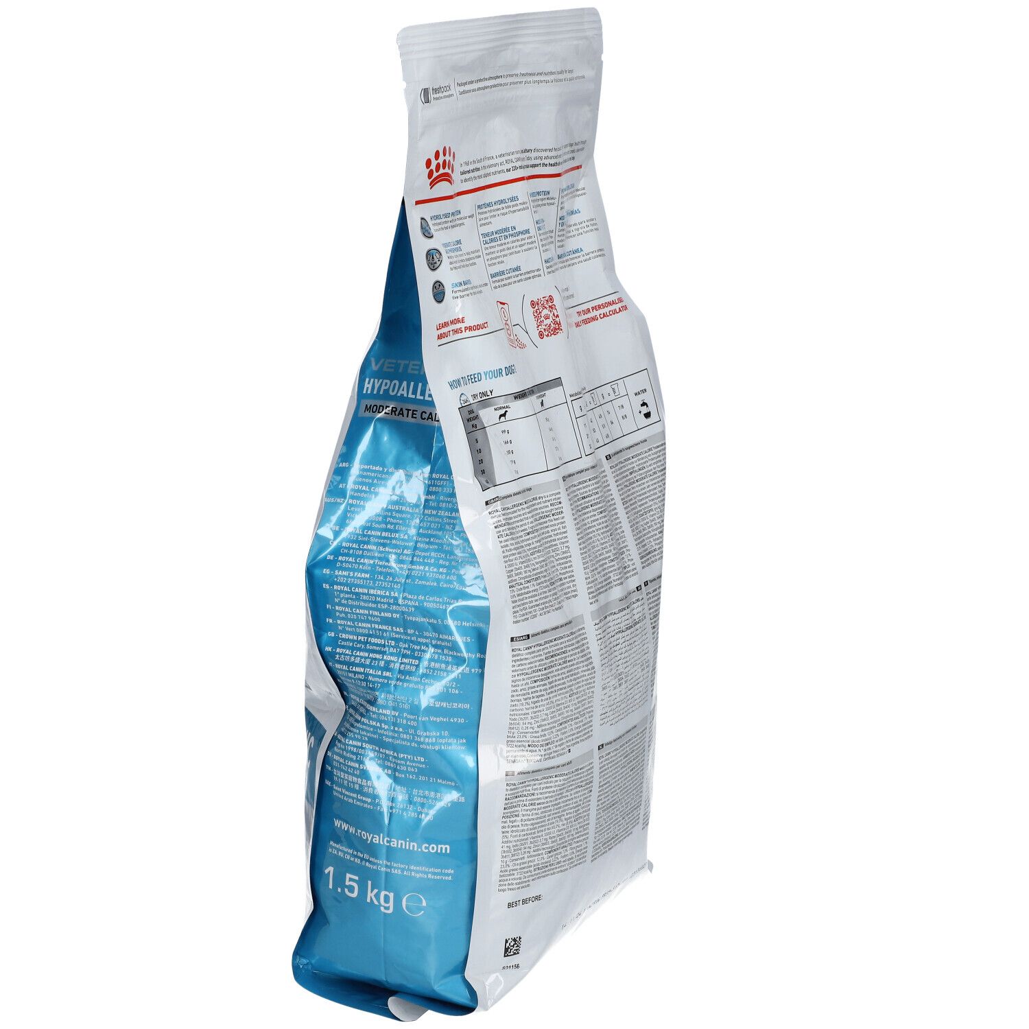 Sac Royal Canin en biais. Texte: Hypoallergenic Moderate Energy. Contient 1,5 kg.
