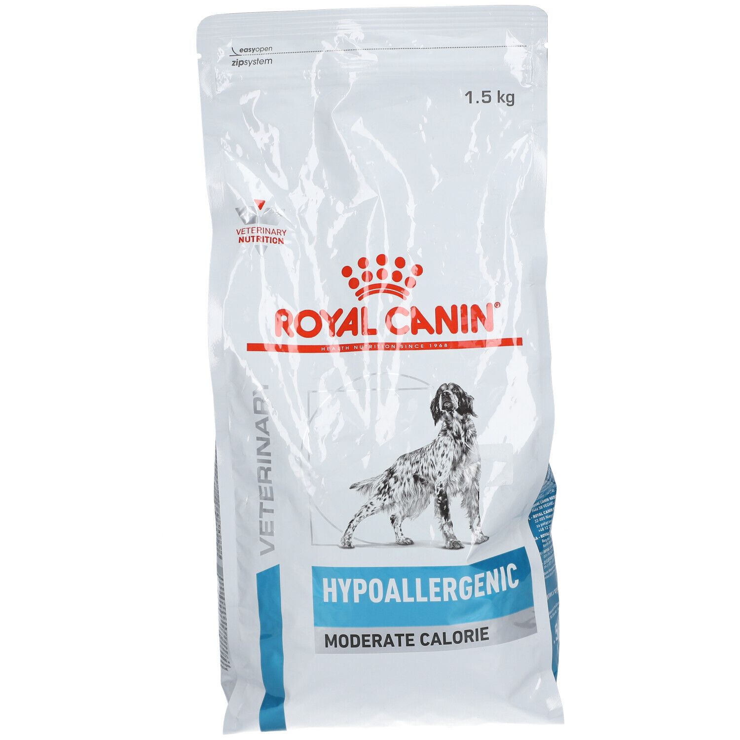 Sac blanc Royal Canin. Texte: Hypoallergenic Moderate Calorie. Contient 1,5 kg.
