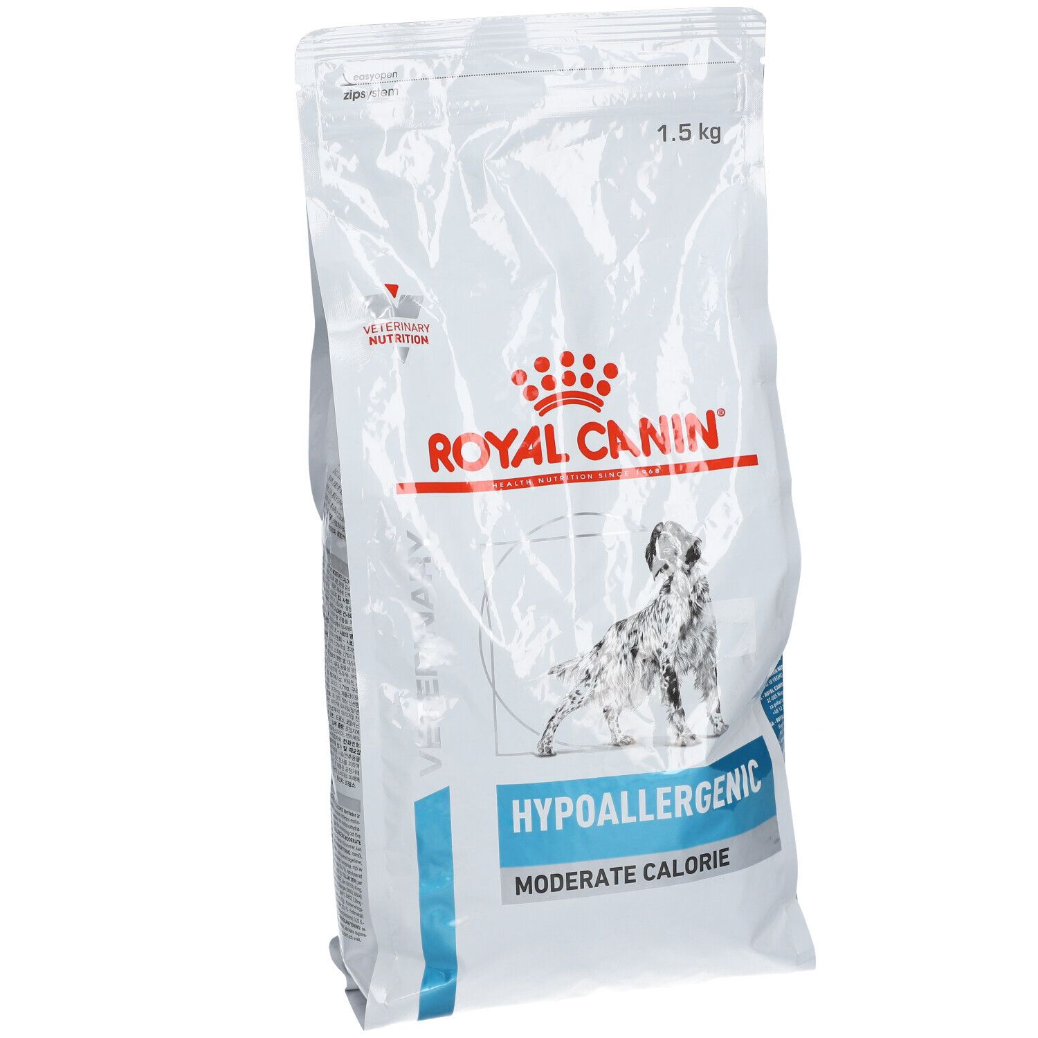 Sac blanc Royal Canin. Texte: Hypoallergenic Moderate Calorie. Contient 1,5 kg.