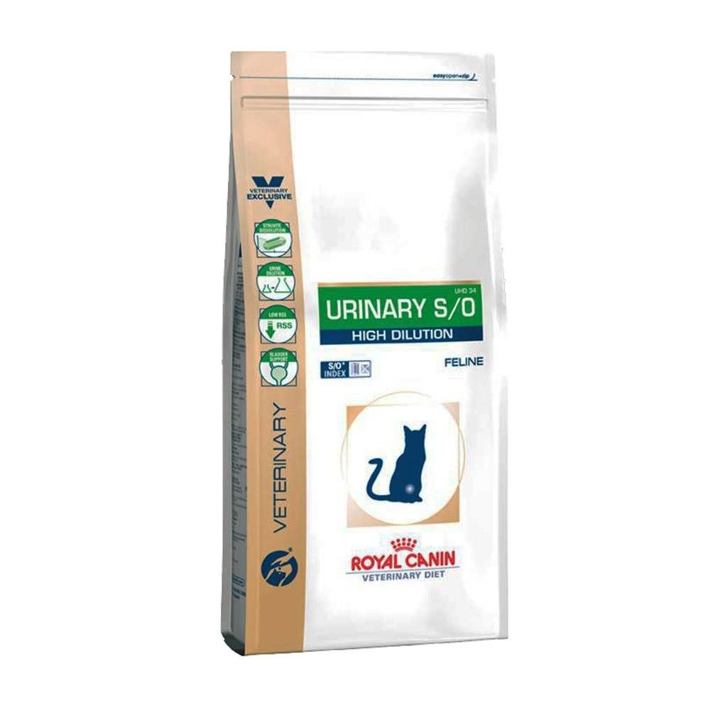 Beutel mit Katzenfutter. Aufschrift "URINARY S/O HIGH DILUTION". Logo: blaue Katze. Marke: Royal Canin.