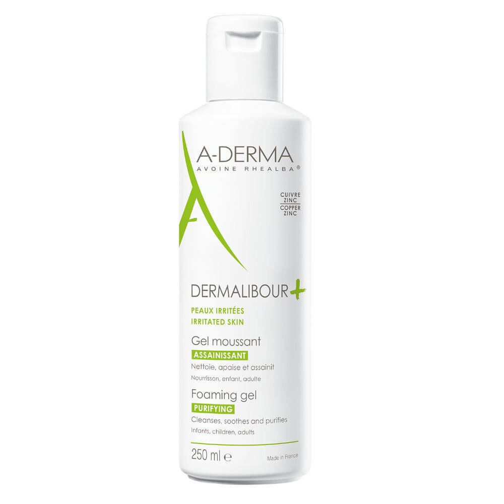 Witte fles A-DERMA Dermalibour+ met groen logo. Reinigingsgel voor geïrriteerde huid. Inscriptie 250 ml.