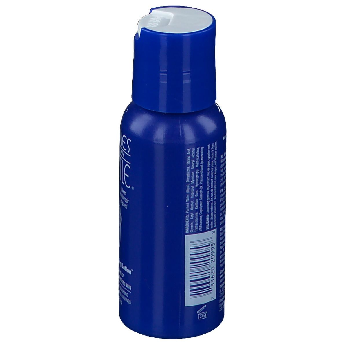 Flacon bleu avec bouchon blanc. Dos avec ingrédients et informations.