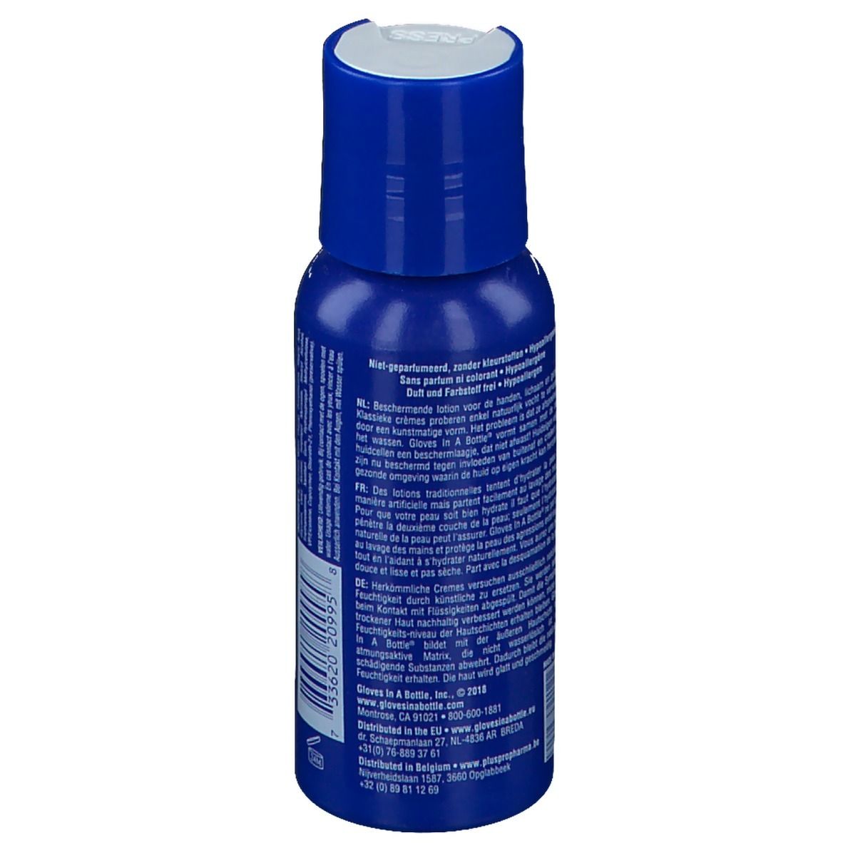 Flacon bleu avec bouchon blanc. Texte en allemand et français au dos.
