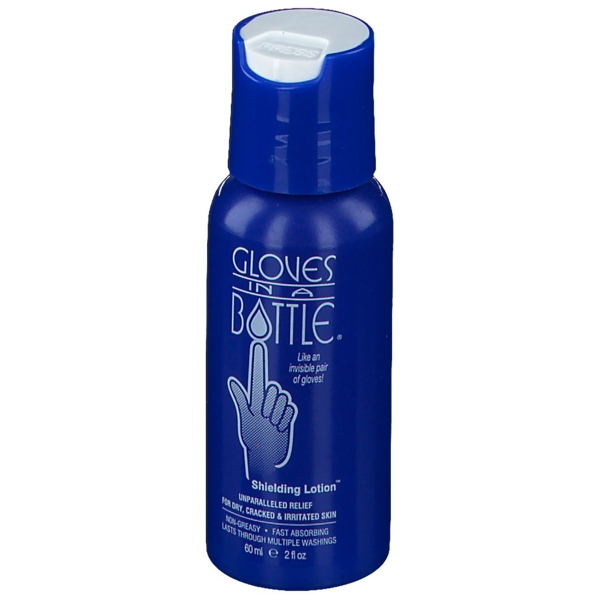 Flacon bleu avec bouchon blanc. Inscription: Gloves in a Bottle. Lotion protectrice. 60ml.
