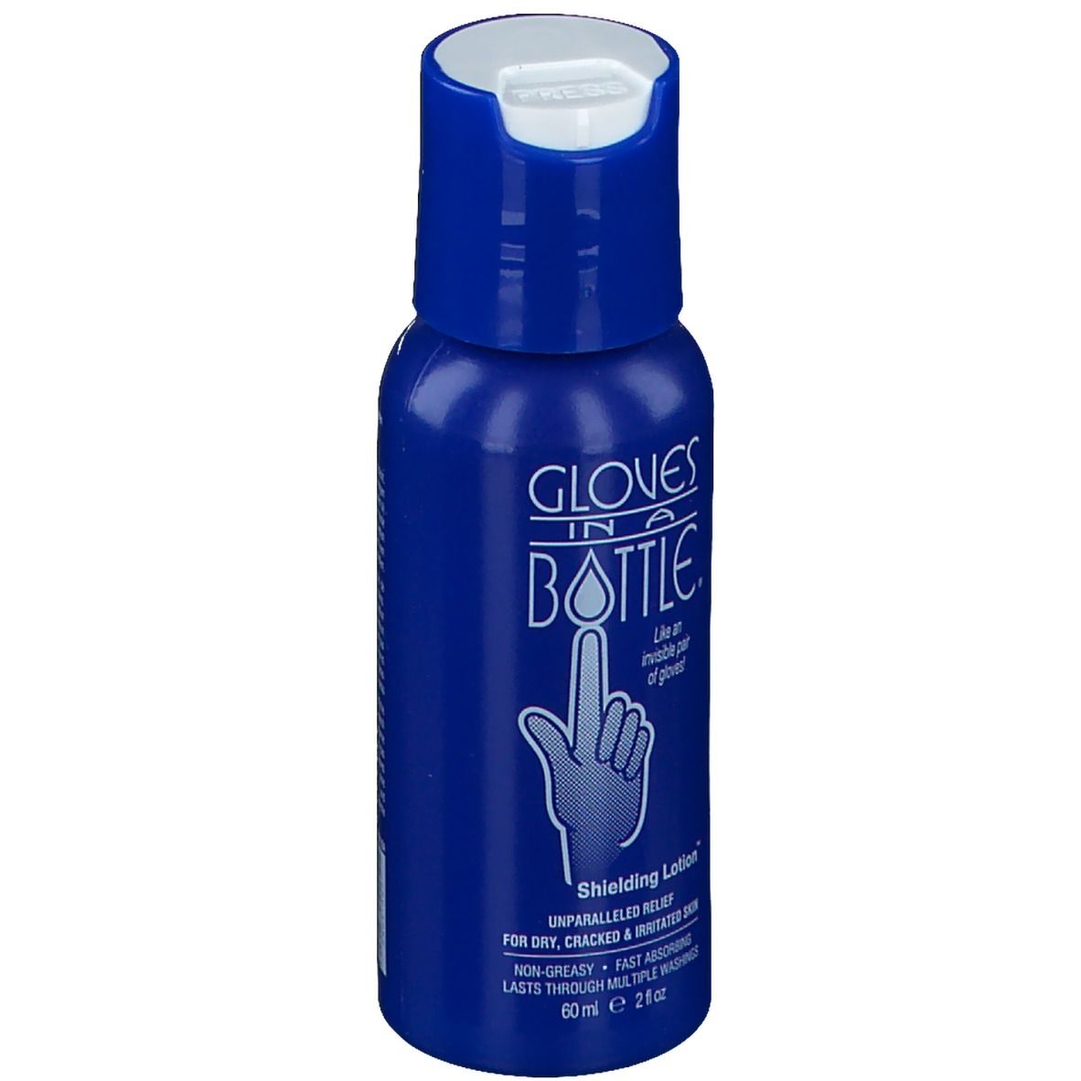 Flacon bleu avec bouchon blanc. Inscription: Gloves in a Bottle. Lotion protectrice. 60ml.