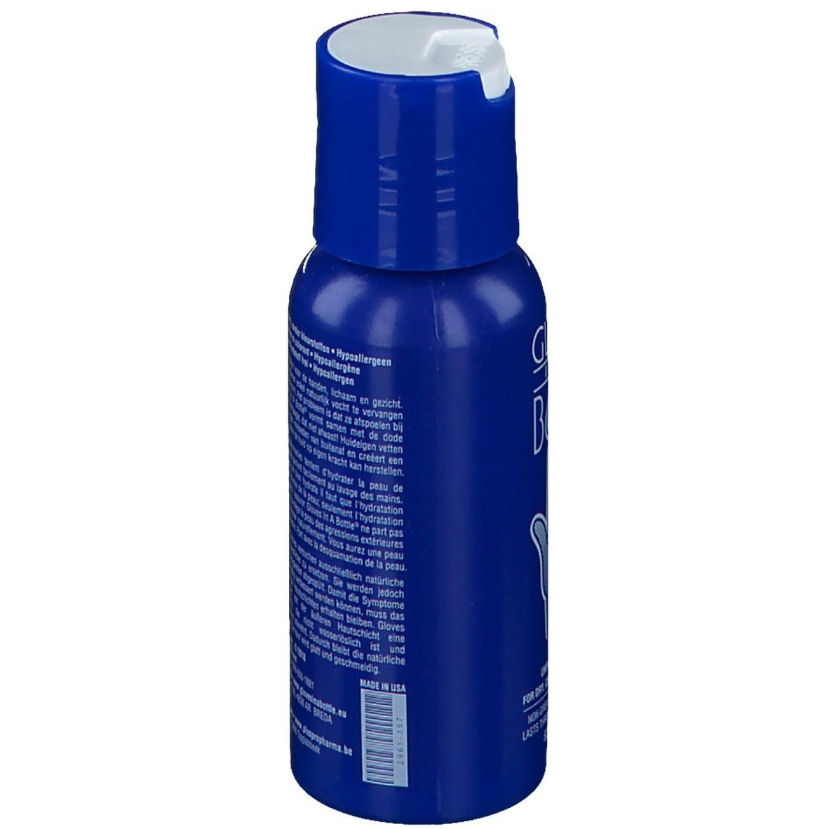 Flacon bleu avec bouchon blanc. Dos avec texte en plusieurs langues.