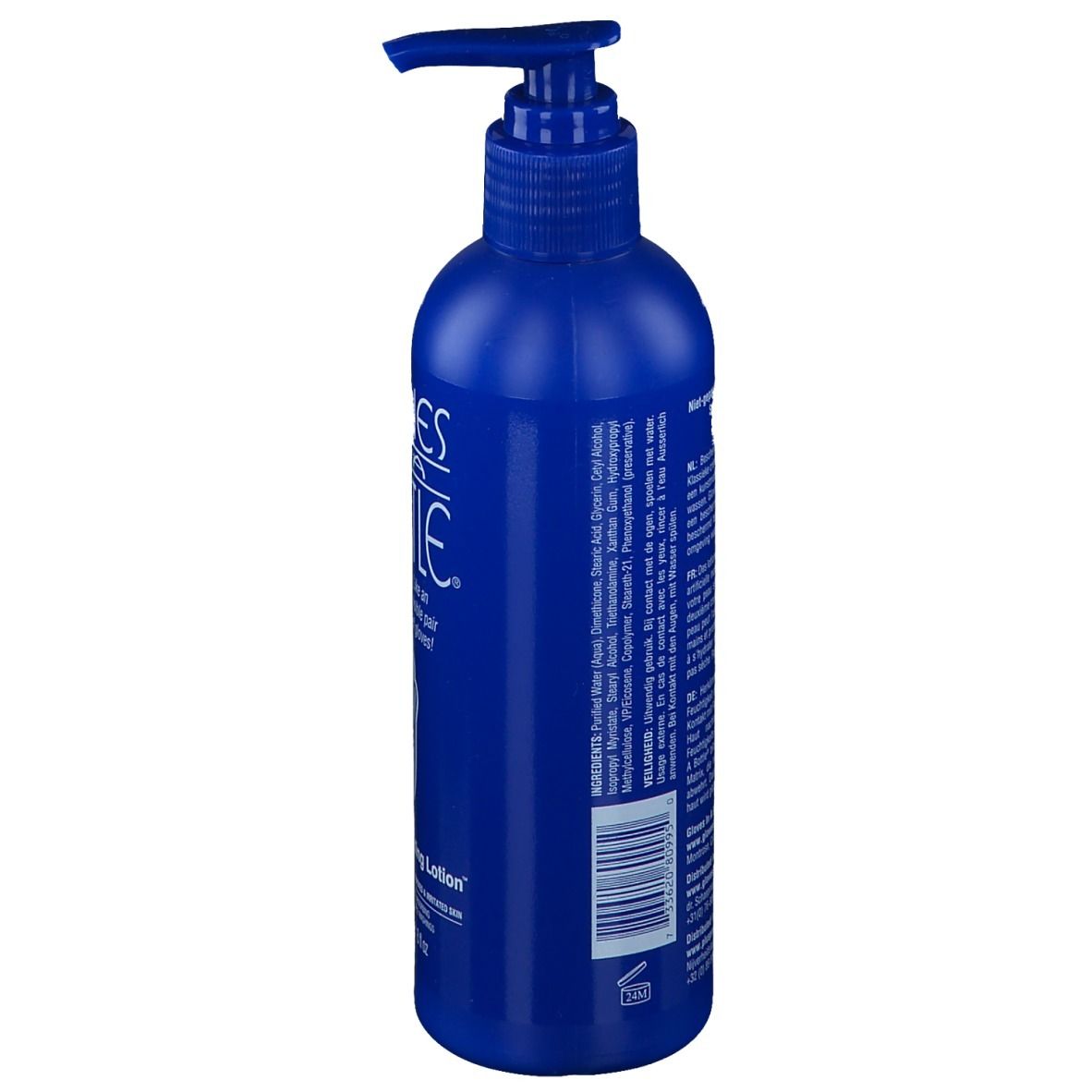 Blaue Flasche mit Dosierpumpe. Rückseite mit Inhaltsstoffen und Barcode. Text in Englisch.