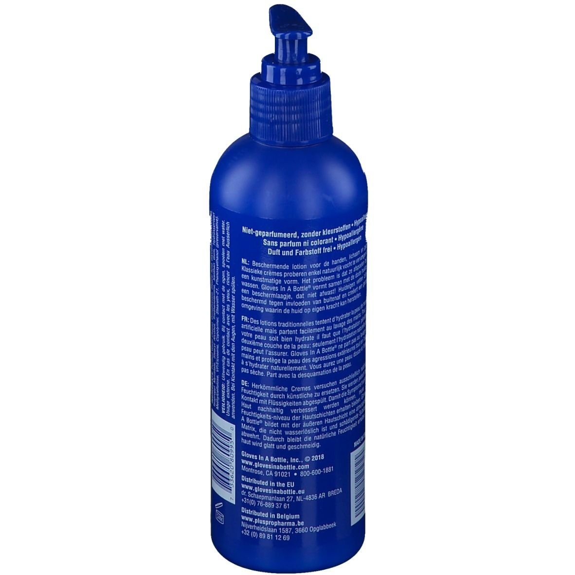 Blaue Flasche mit Dosierpumpe. Rückseite mit Text in mehreren Sprachen. Produktinformationen.