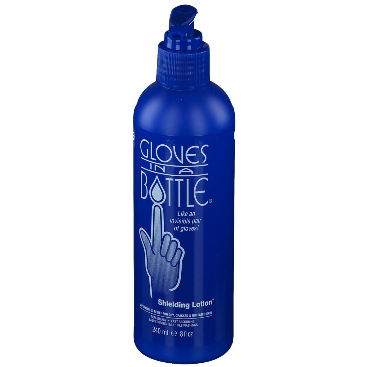 Blaue Flasche mit Dosierpumpe. Aufschrift: Gloves in a Bottle. Schild-Lotion. 240 ml.