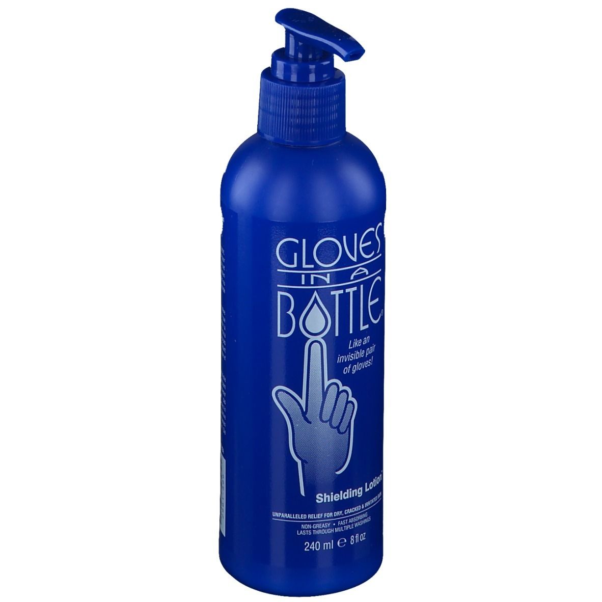 Blaue Flasche mit Dosierpumpe. Aufschrift: Gloves in a Bottle. Schild-Lotion. 240 ml.