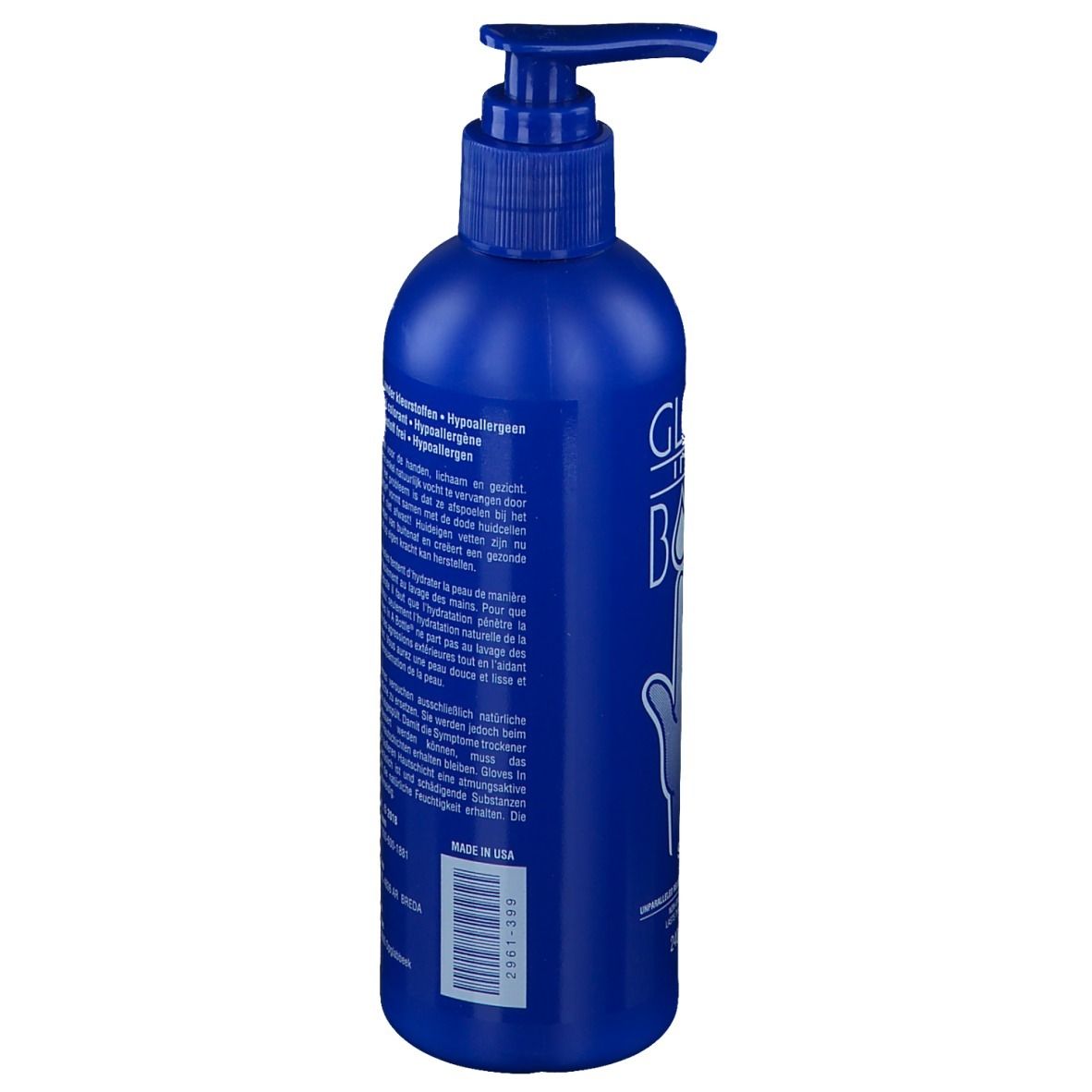 Blaue Flasche mit Dosierpumpe. Rückseite mit Text in mehreren Sprachen. Barcode.