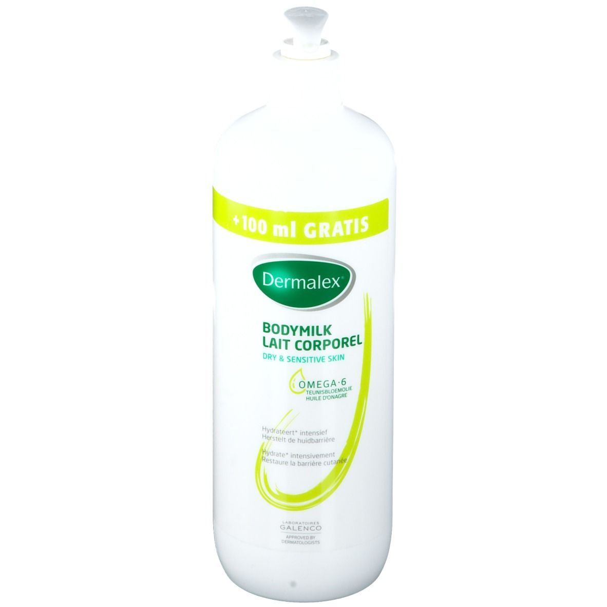 Flacon blanc avec étiquette verte. Texte: Dermalex, Bodymilk, Lait Corporel. Mention: +100 ml gratuits. Contient Omega 6.