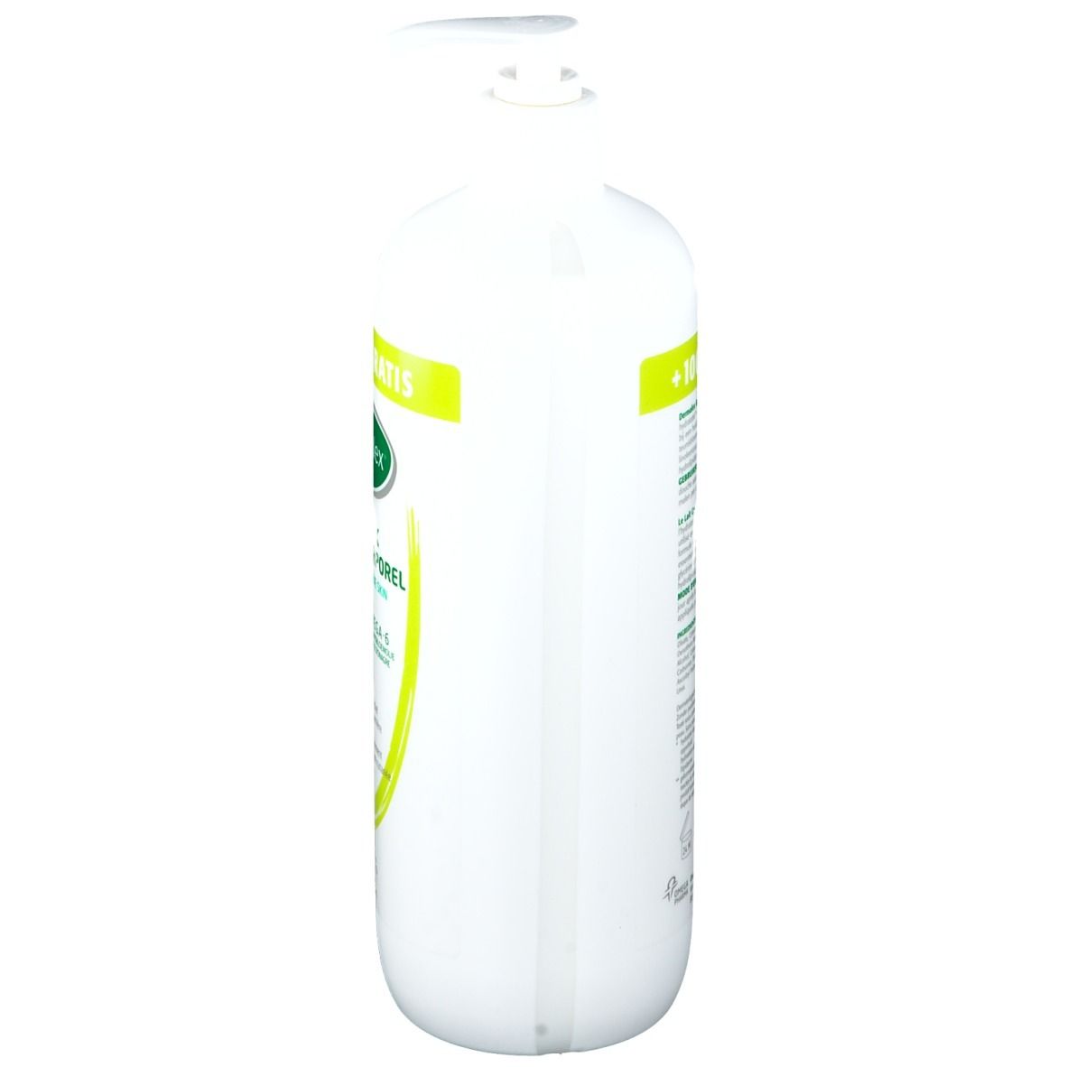 Flacon blanc avec pompe. Vue latérale. Texte: Dermalex, Bodymilk, Lait Corporel. Étiquette avec informations.