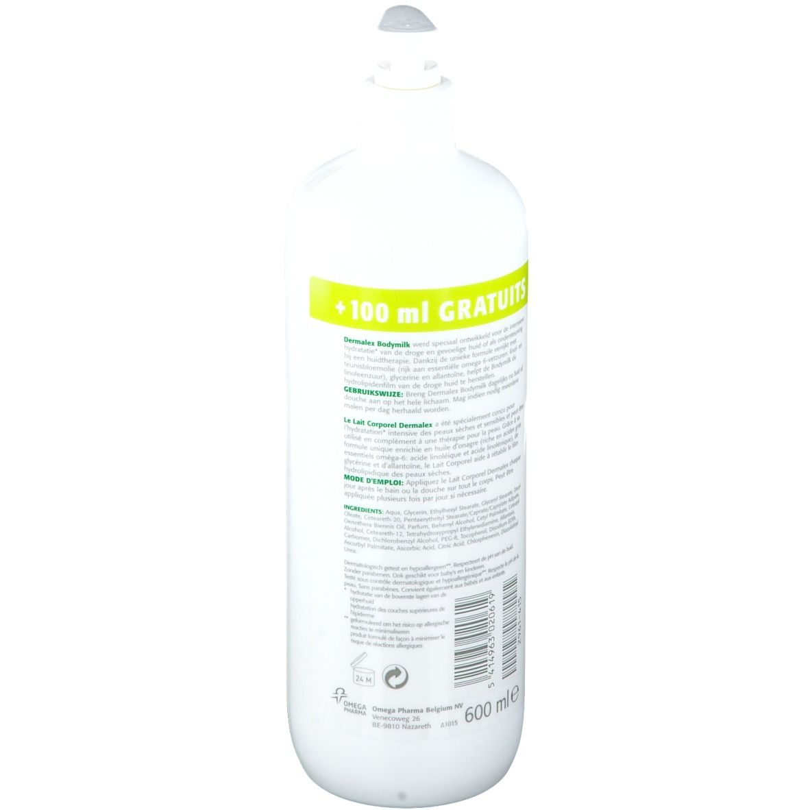 Flacon blanc avec pompe. Dos avec texte. Texte: Dermalex, Bodymilk, Lait Corporel. Ingrédients et code-barres.