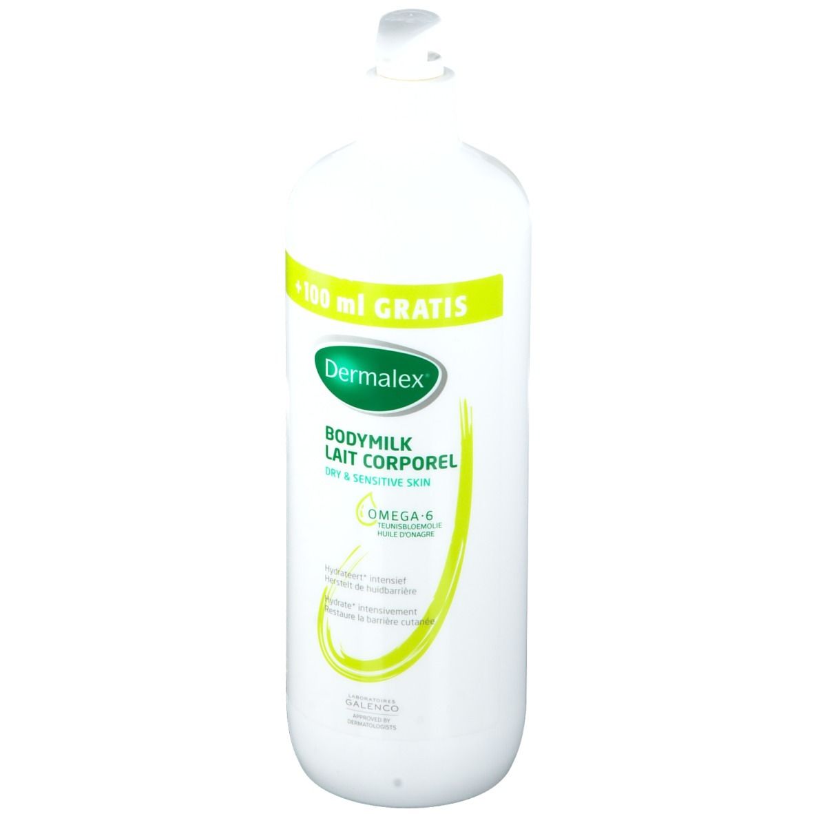 Flacon blanc avec étiquette verte. Texte: Dermalex, Bodymilk, Lait Corporel. Mention: +100 ml gratuits. Contient Omega 6.