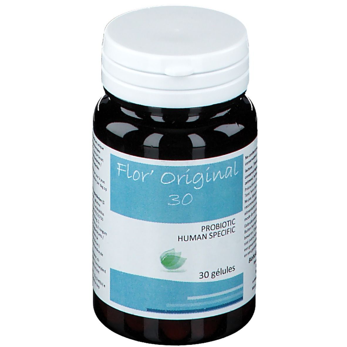 Flacon brun avec couvercle blanc. Inscription: Flor' Original 30, Probiotic Human Specific, 30 gélules. Symbole de feuille verte.