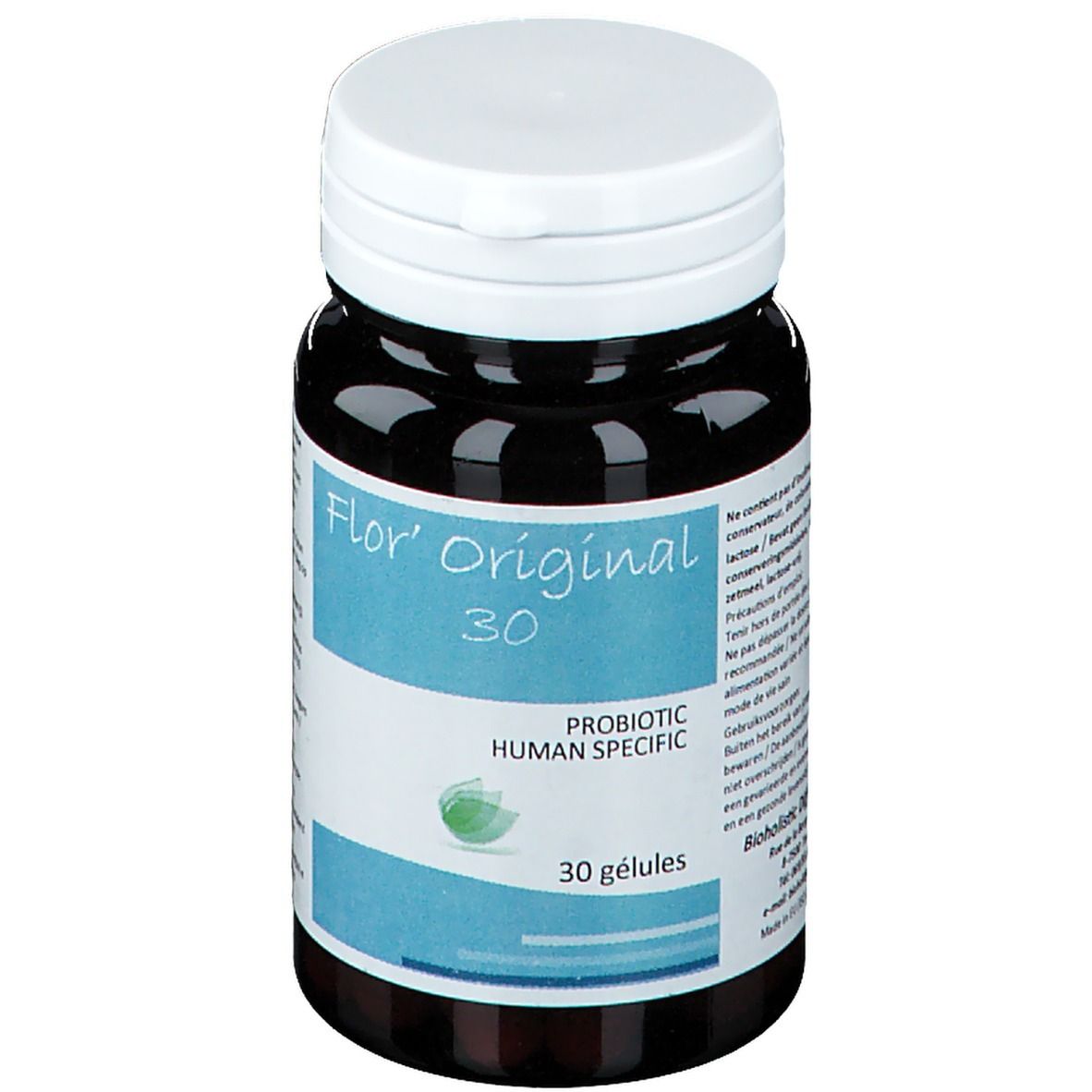Flacon brun avec couvercle blanc. Inscription: Flor' Original 30, Probiotic Human Specific, 30 gélules. Symbole de feuille verte.