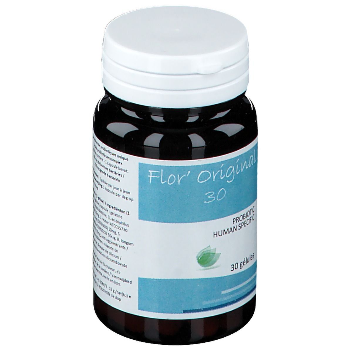 Flacon brun avec couvercle blanc. Inscription: Flor' Original 30, Probiotic Human Specific, 30 gélules. Symbole de feuille verte.