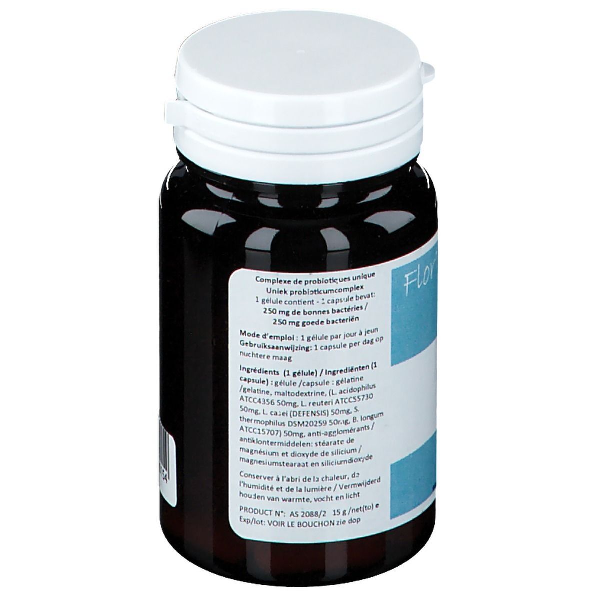 Dos d'un flacon brun avec couvercle blanc. Informations textuelles, y compris ingrédients et dosage. Nom du produit et poids.