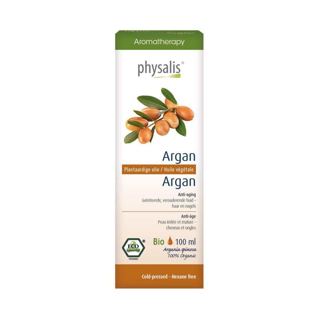 Physalis huile végétale d'Argan, emballage. Certification Bio. Aromathérapie. 100 ml.