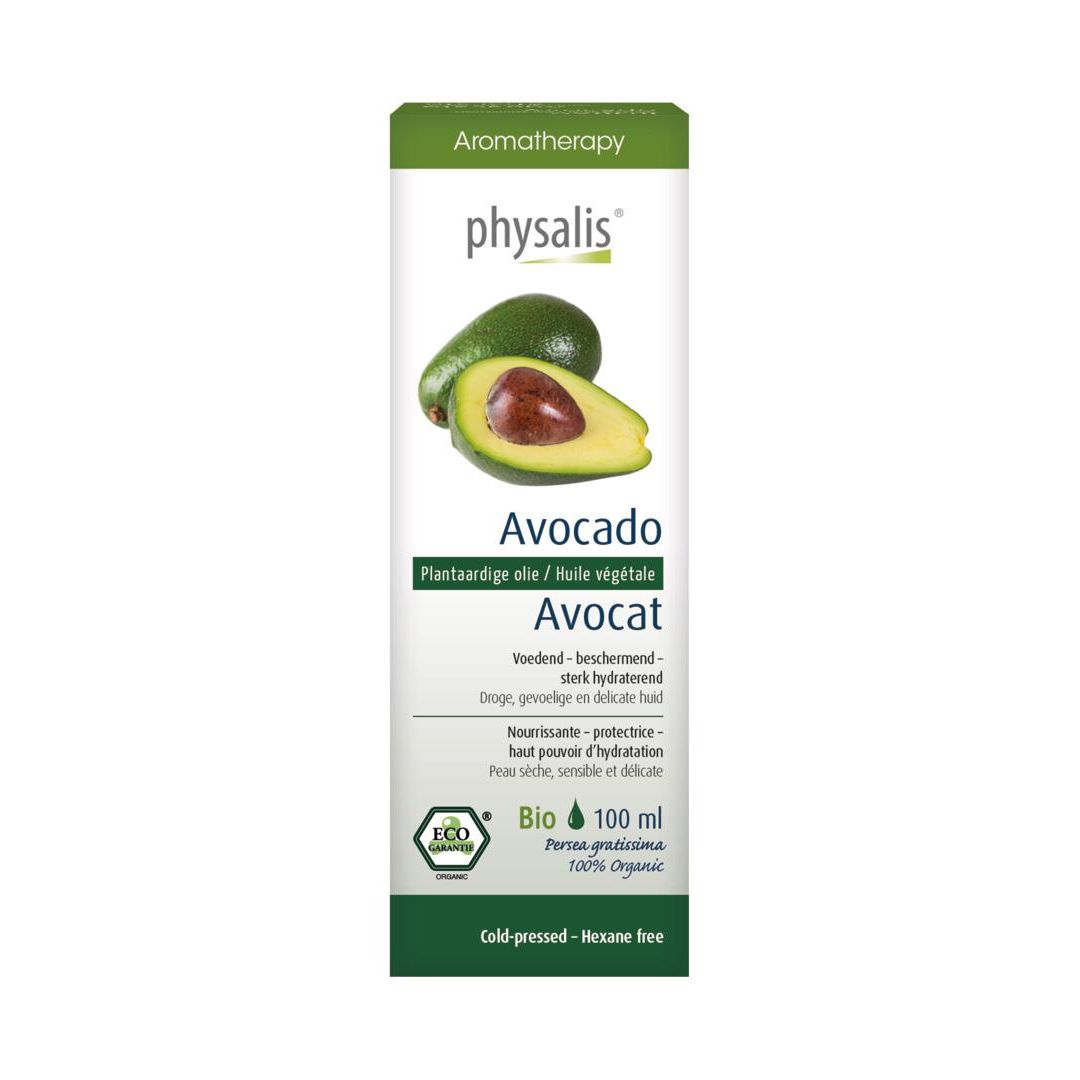 Physalis avocado-olie, verpakking. Avocado-afbeelding, tekst: Avocado, Bio, 100 ml, Cold-pressed.