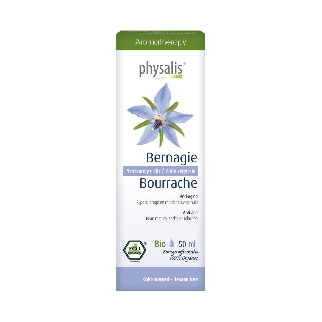 Emballage en carton avec nom du produit, fleur et logo. Couleurs vert et blanc. Label bio.