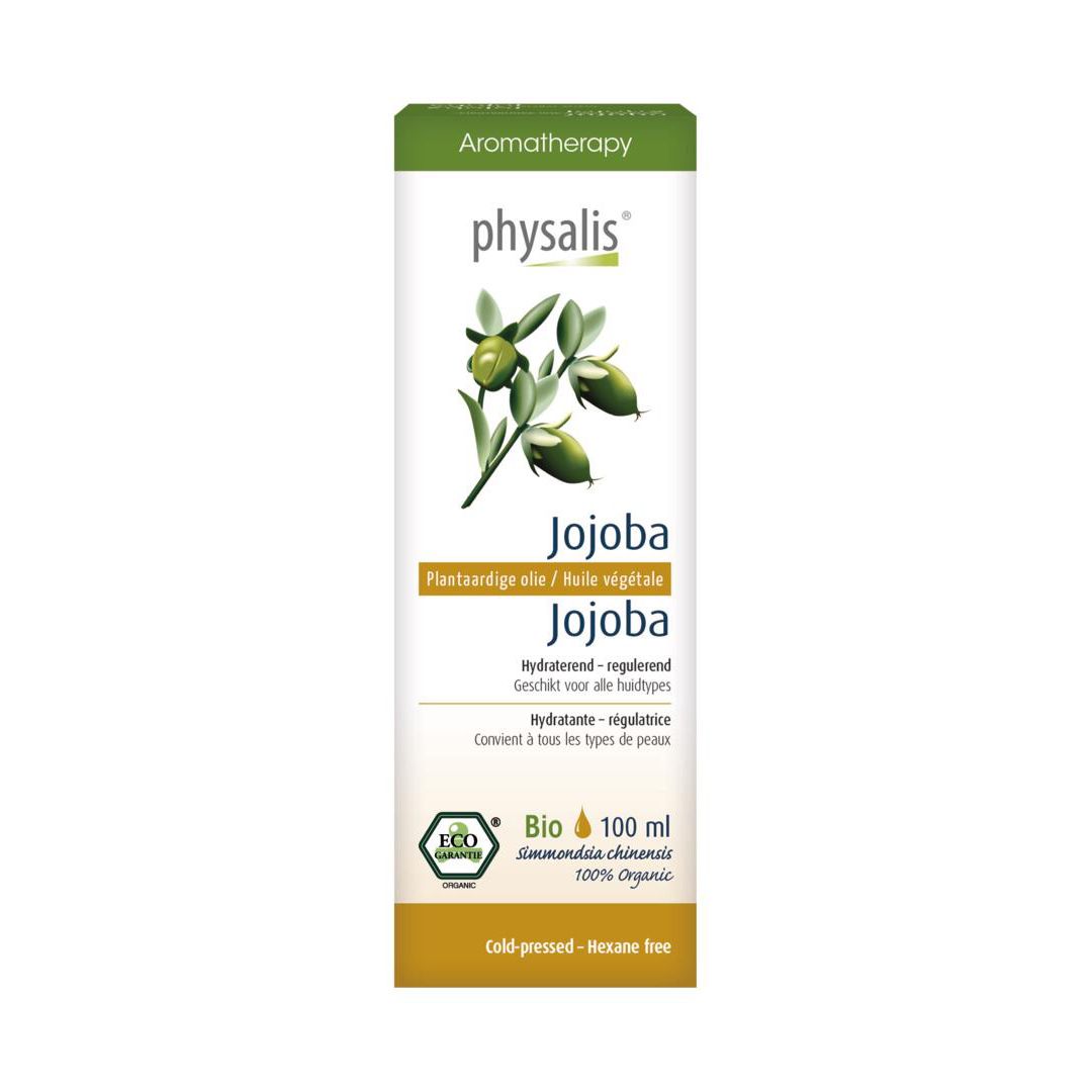 Doos met opschrift: Physalis Jojoba. Met Bio-label. 100 ml.