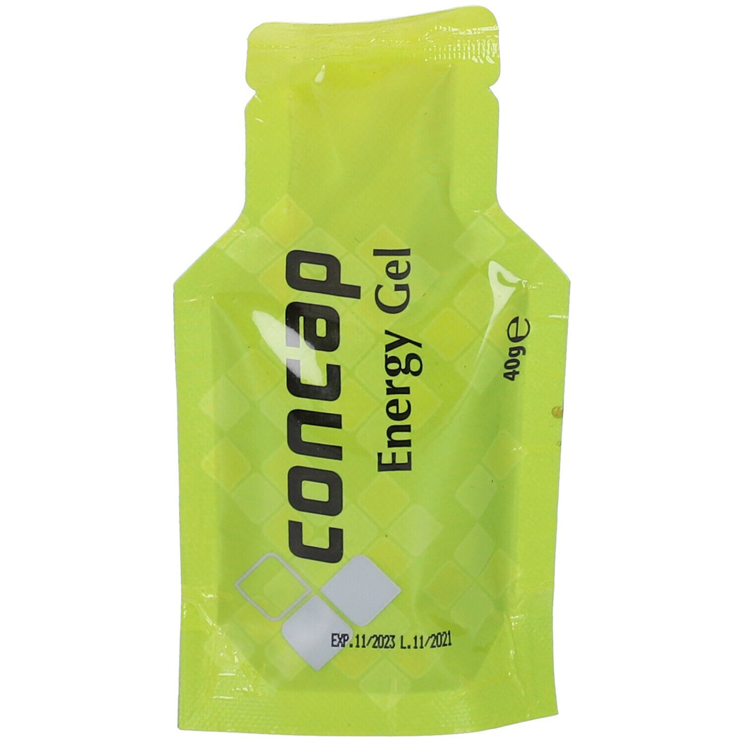 Geel Concap Energy Gel zakje. Bevat 40g. Opschrift: Concap, Energy Gel, houdbaar tot 11/2023.