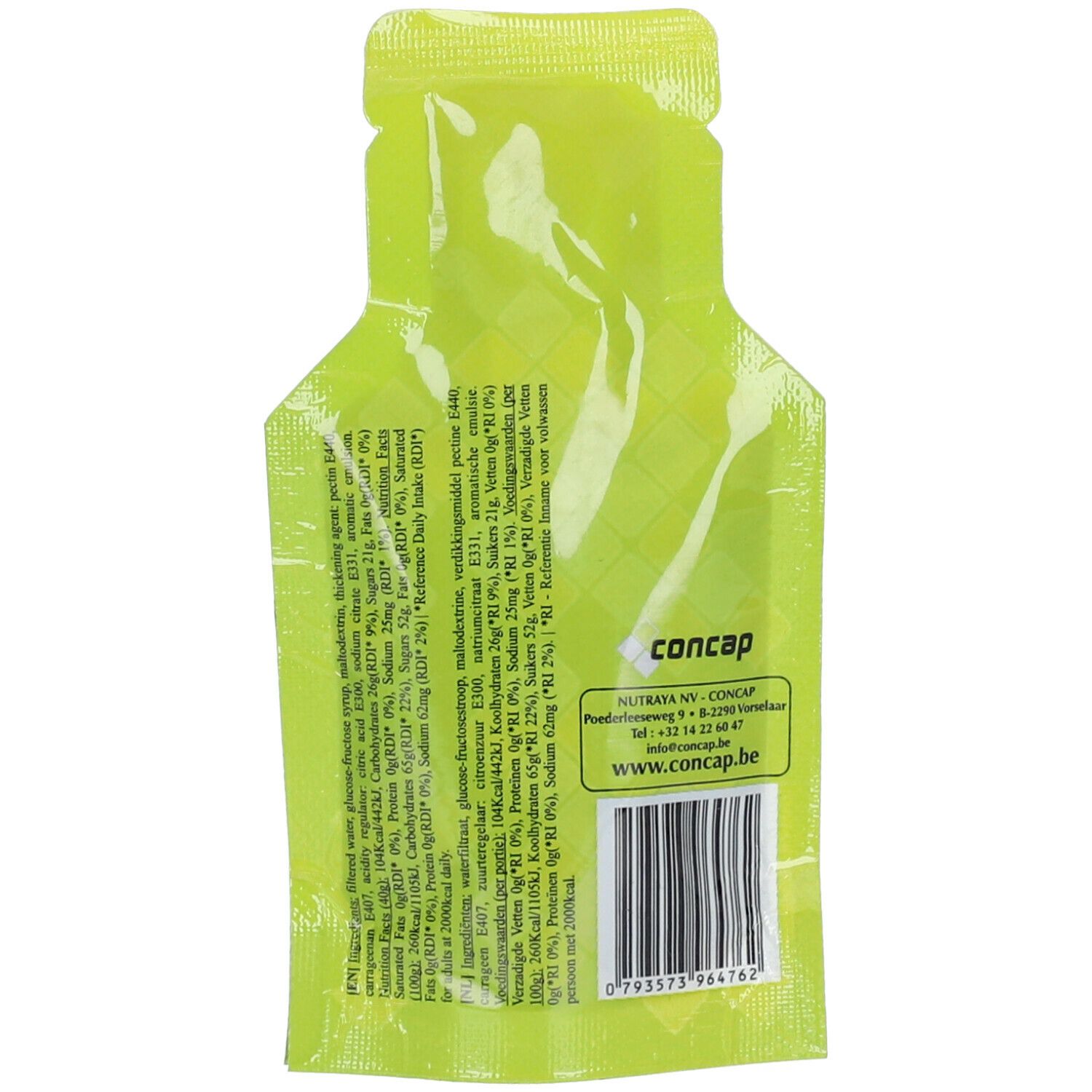 Achterkant van het Concap Energy Gel zakje. Bevat ingrediëntenlijst, contactgegevens en barcode.