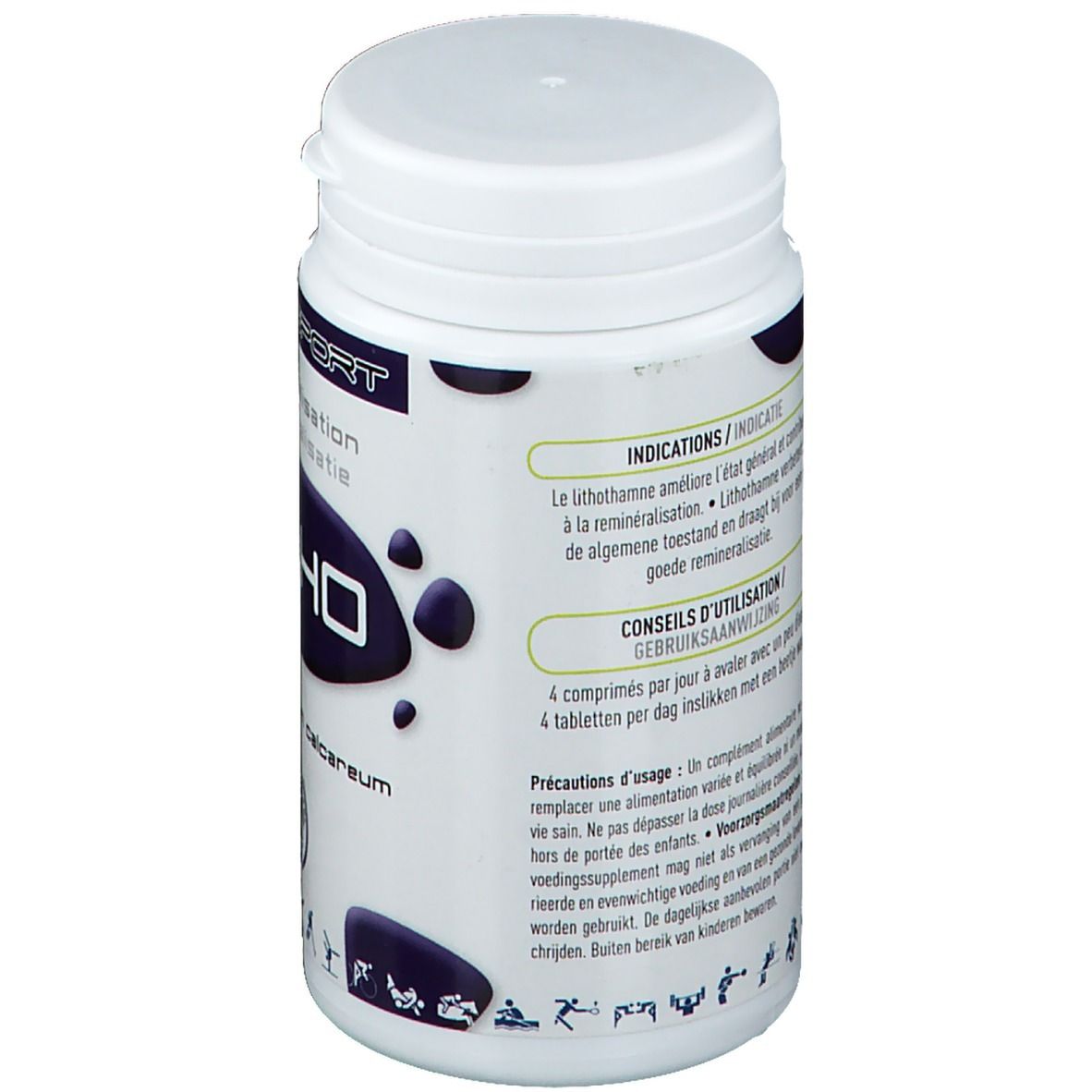 Dos du flacon blanc Dynasport Litho. Texte: Indications, Conseils d'utilisation. Illustrations de sports.
