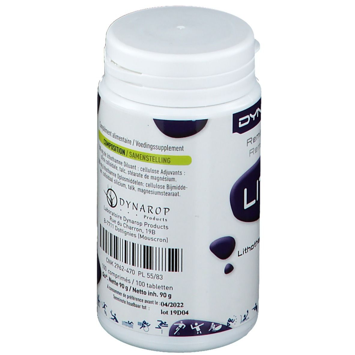 Dos du flacon blanc Dynasport Litho. Texte: Composition, Netto 90 g. Code-barres et informations fabricant.
